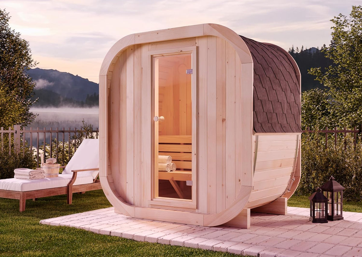 FinnTherm Fasssauna ScandiCube Mini XXS, Saunafass 204 x 130 cm, 42 mm nordische Fichte, Blockbohlen-Bausatz