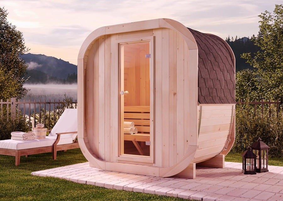 FinnTherm Fasssauna ScandiCube Mini XXS, Saunafass 204 x 130 cm, 42 mm nordische Fichte, Blockbohlen-Bausatz