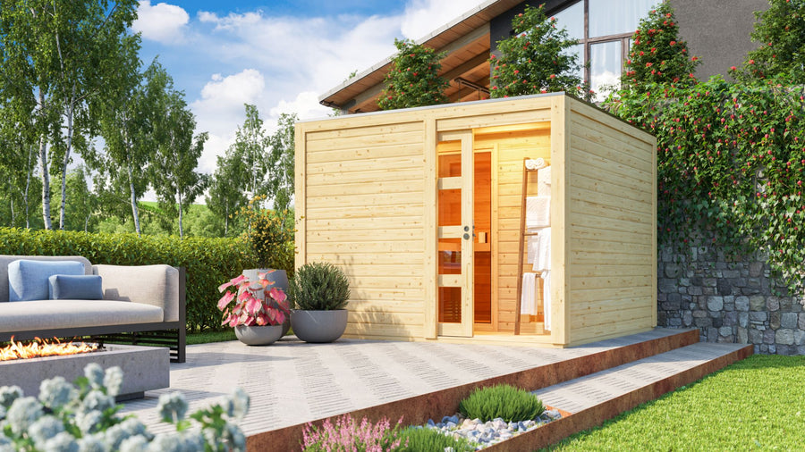 Karibu Saunahaus Cuben, Gartensauna mit Vorraum, 276 x 276 cm, 38 mm nordische Fichte, für 5 Personen