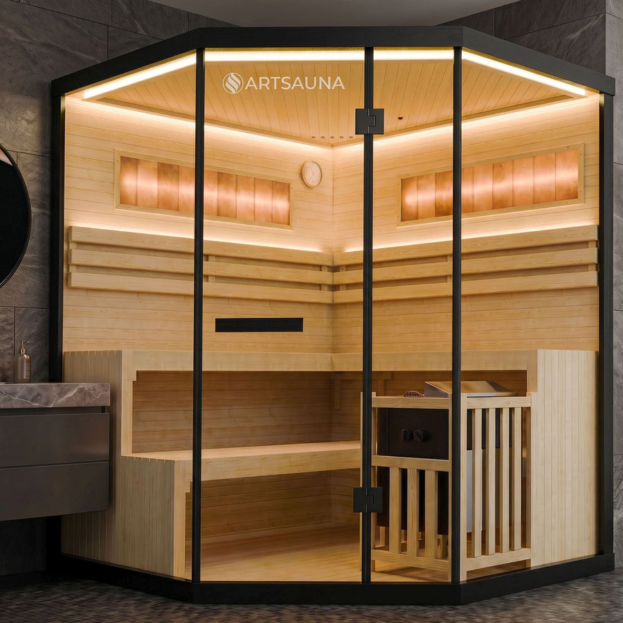 Artsauna Innensauna Vantaa 160, Saunakabine 160 x 160 x 200 cm, Hemlocktanne Schwarz, für 3 Personen, mit 6 kW Saunaofen