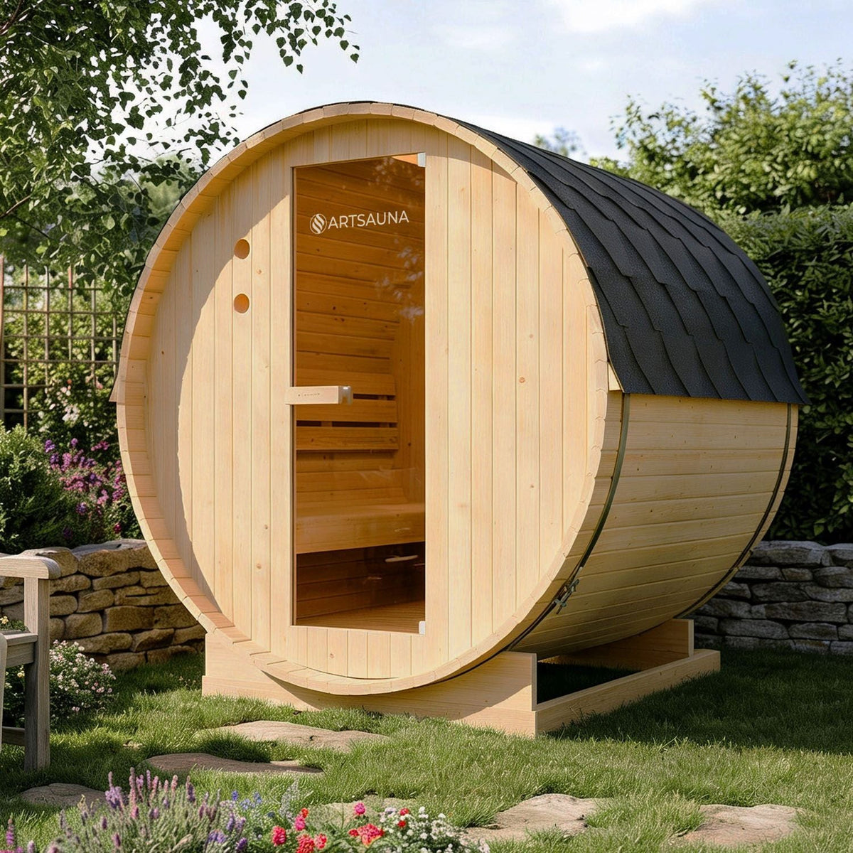 Artsauna Fasssauna Spitzbergen 180, Saunafass 191 x 180 cm, 38 mm Fichte, für 4 Personen, mit 6-kW-Ofen
