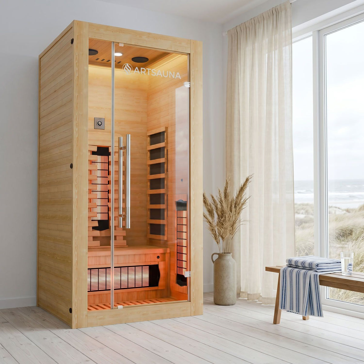 Artsauna Infrarotkabine Kiruna90 Premium, 90 x 90 x 190 cm, Hemlocktanne, für 1 Person, dimmbarer Vollspektrumstrahler