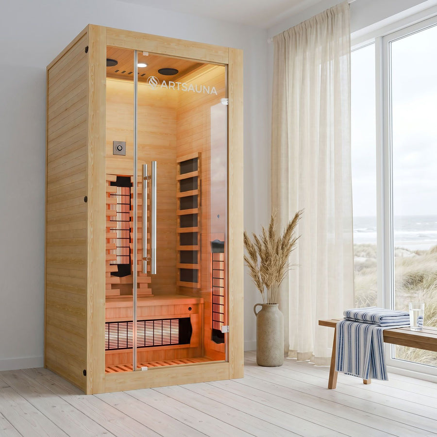 Artsauna Infrarotkabine Kiruna90 Premium, 90 x 90 x 190 cm, Hemlocktanne, für 1 Person, dimmbarer Vollspektrumstrahler