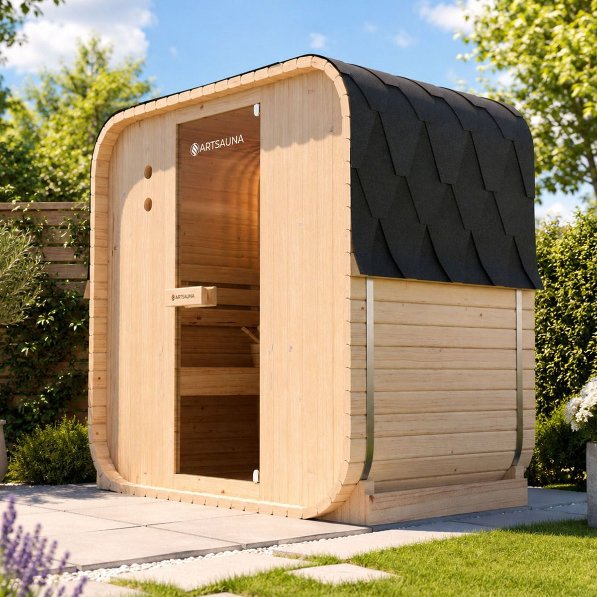 Artsauna Nolvik M Cube-Fasssauna 120 x 185 x 194 cm, 38 mm Fichte, für 2 Personen, Komplettset mit 3,6-kW-Ofen