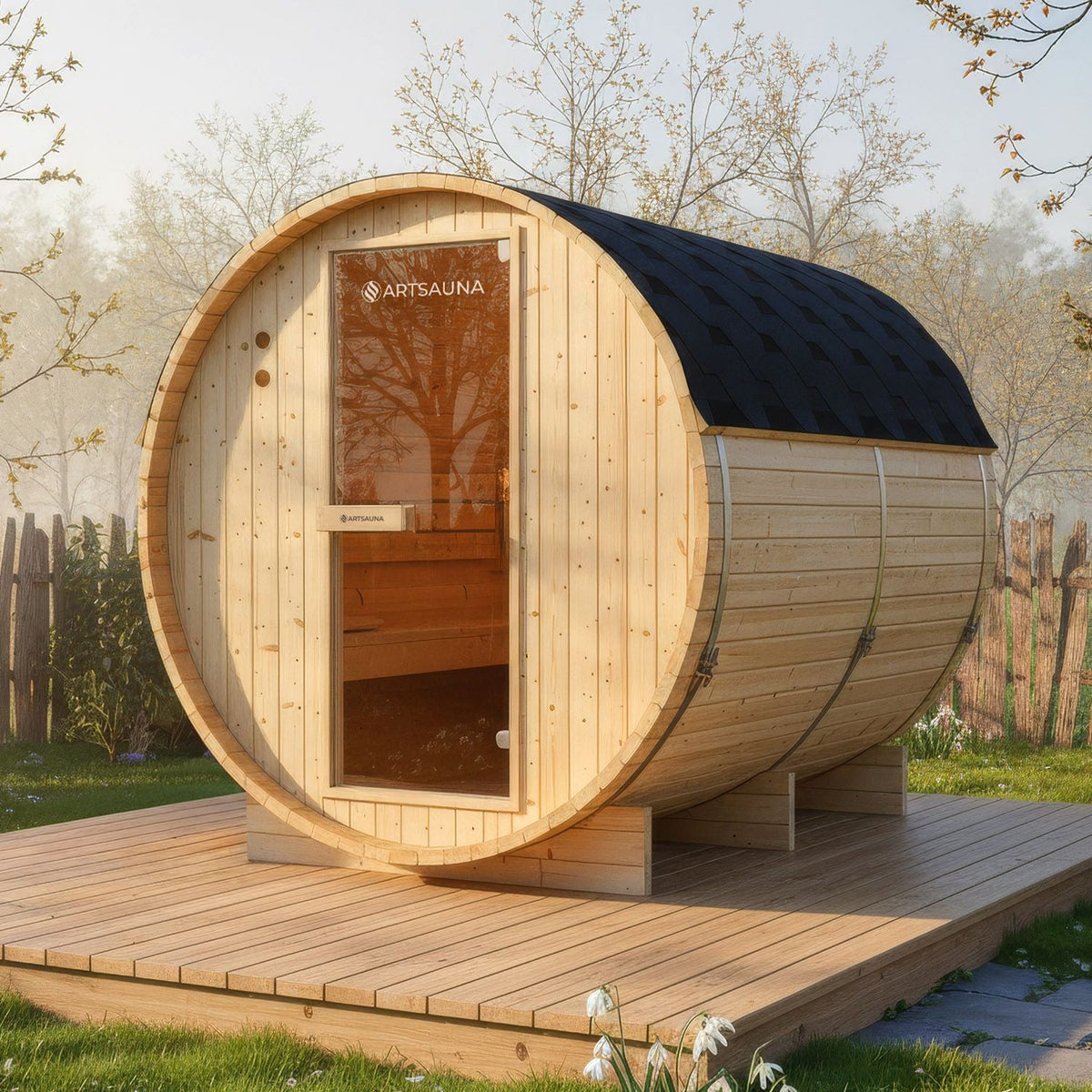 Artsauna Fasssauna Spitzbergen 220, Saunafass 191 x 220 cm, 38 mm Fichte, für 6 Personen, mit 8-kW-Saunaofen